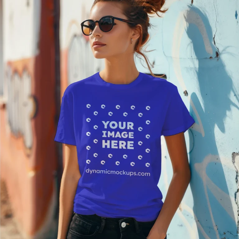 Woman Wearing Blue T-shirt Mockup Front View Template