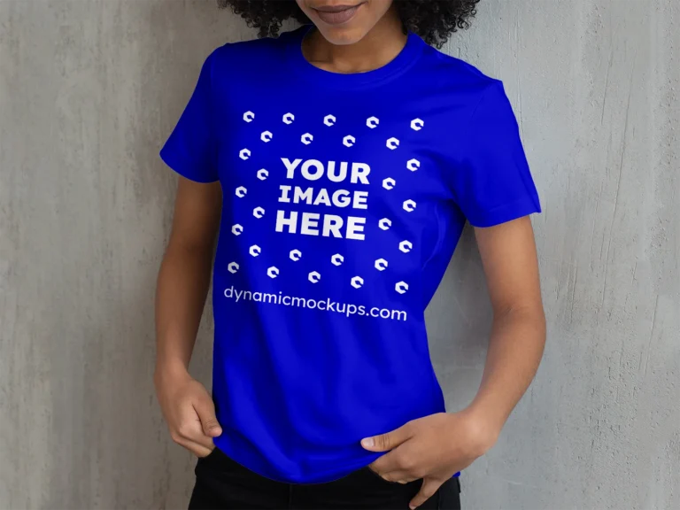 Woman Wearing Blue T-shirt Mockup Front View Template