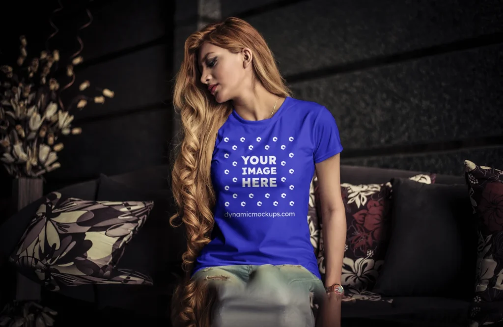 Woman Wearing Blue T-shirt Mockup Front View Template