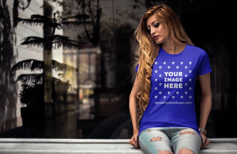 Woman Wearing Blue T-shirt Mockup Front View Template