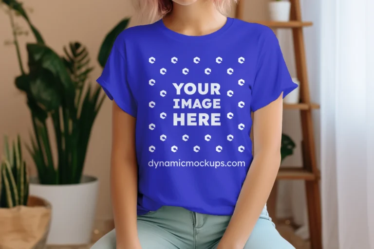 Woman Wearing Blue T-shirt Mockup Front View Template