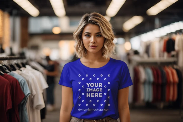 Woman Wearing Blue T-shirt Mockup Front View Template