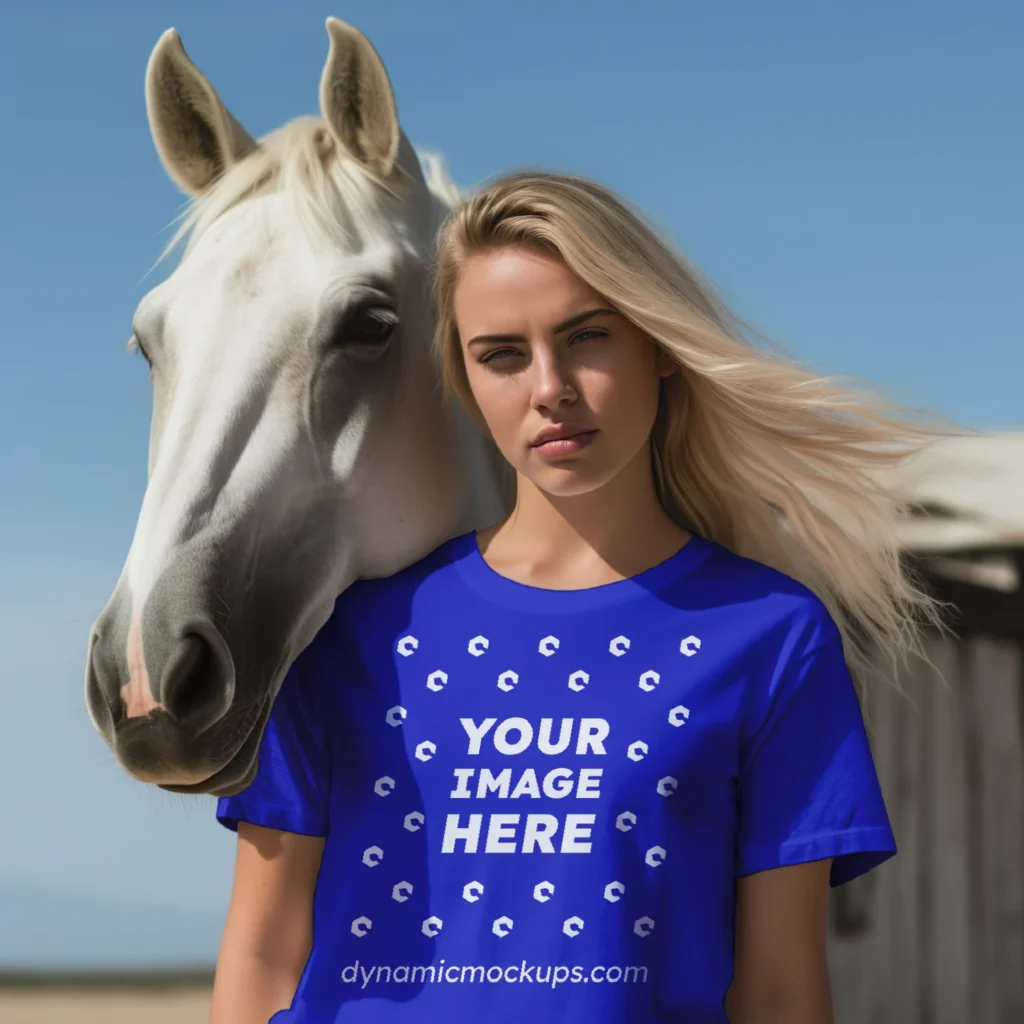 Woman Wearing Blue T-shirt Mockup Front View Template