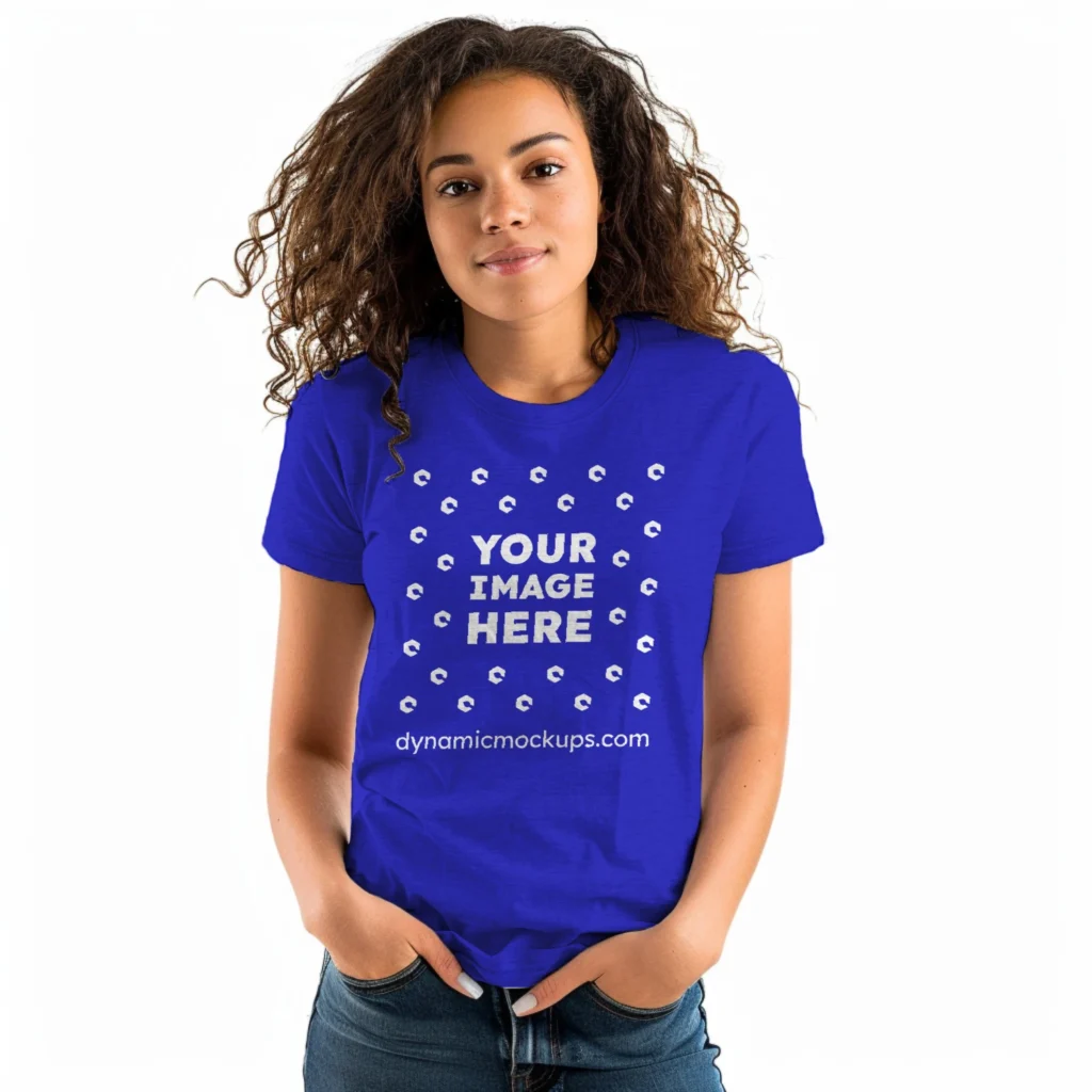 Woman Wearing Blue T-shirt Mockup Front View Template