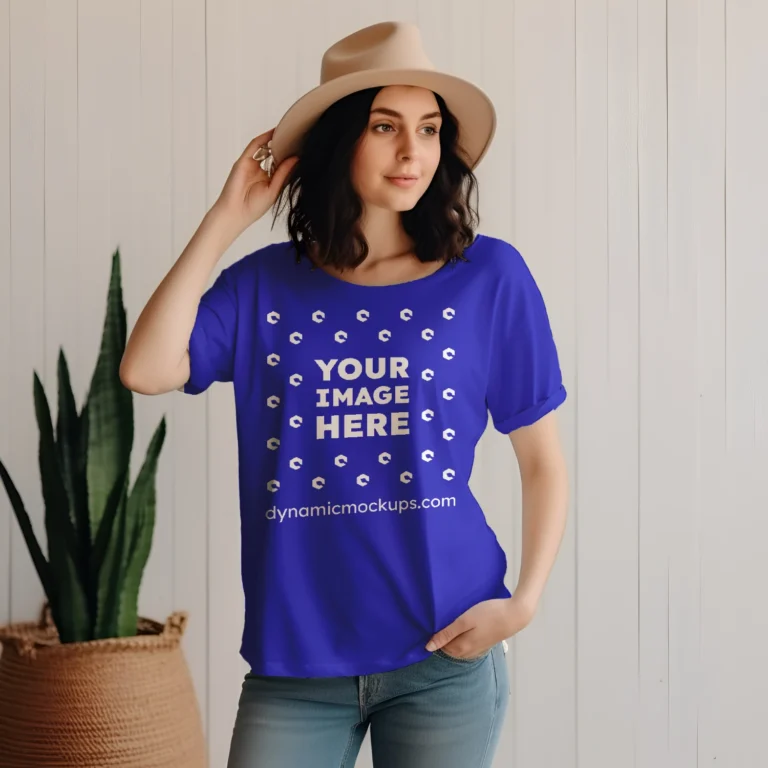 Woman Wearing Blue T-shirt Mockup Front View Template