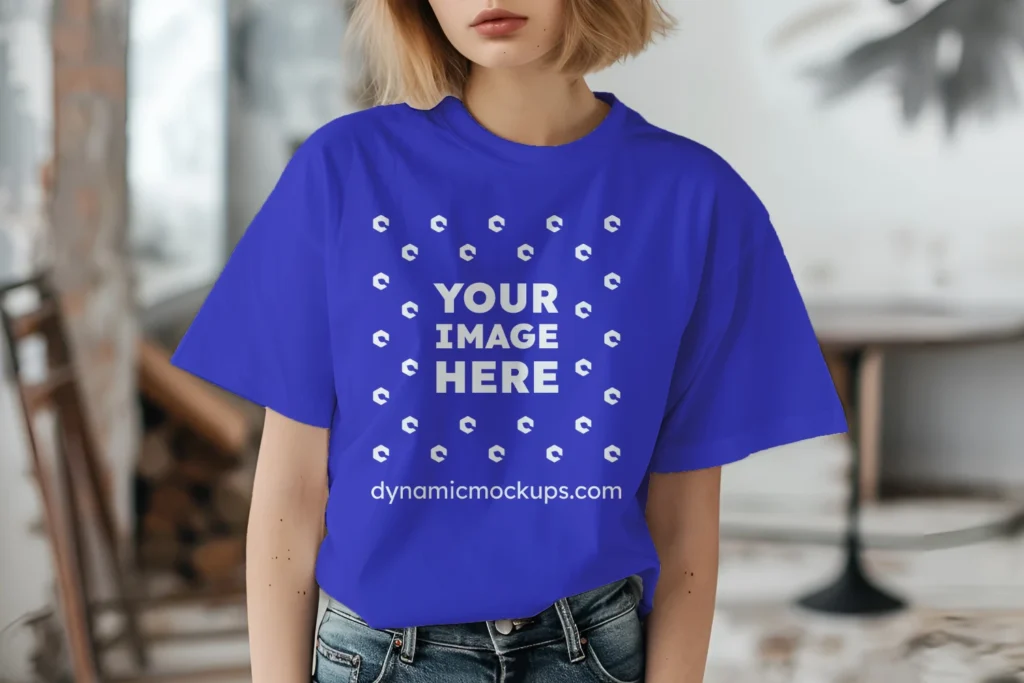 Woman Wearing Blue T-shirt Mockup Front View Template