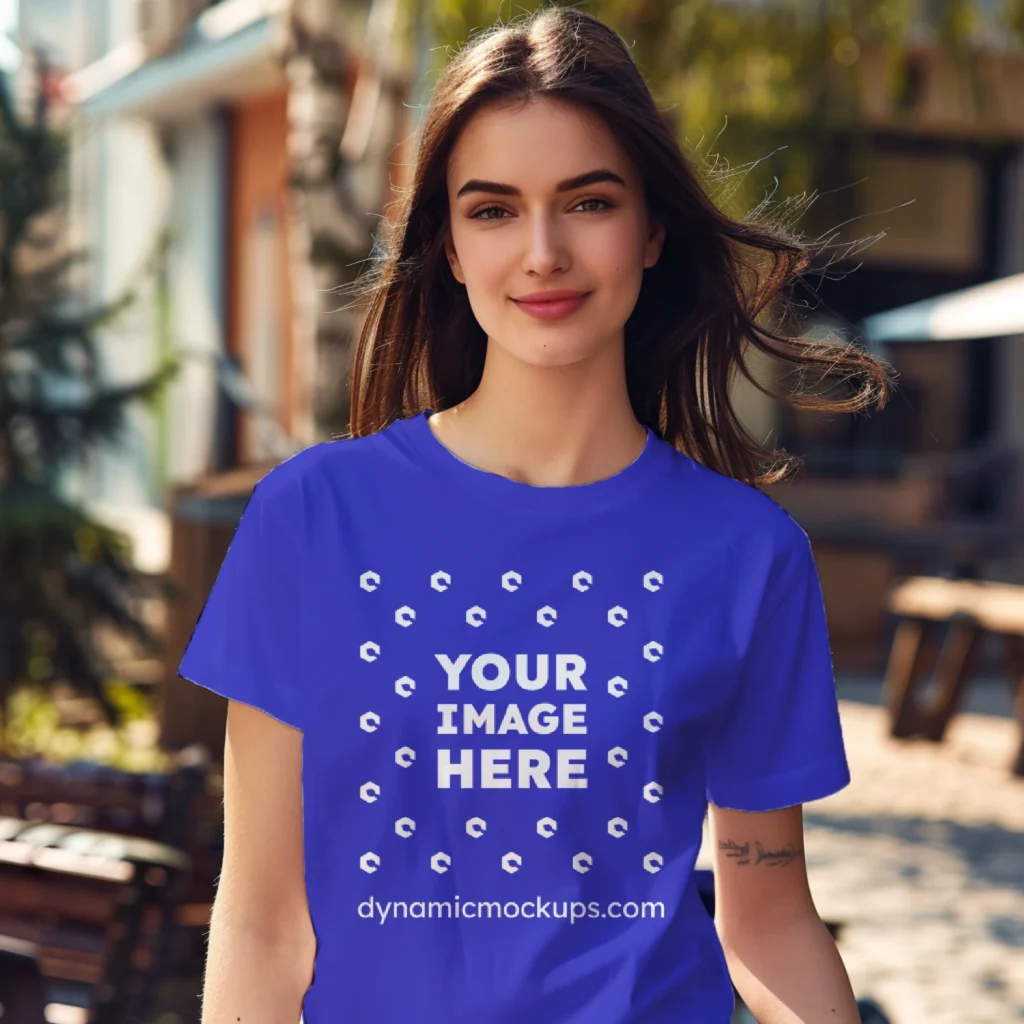 Woman Wearing Blue T-shirt Mockup Front View Template