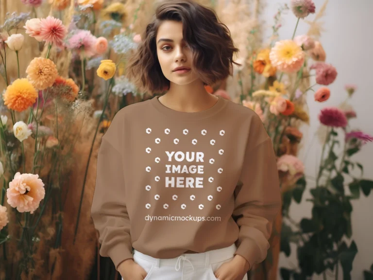 Woman Wearing Brown Sweatshirt Mockup Front View Template