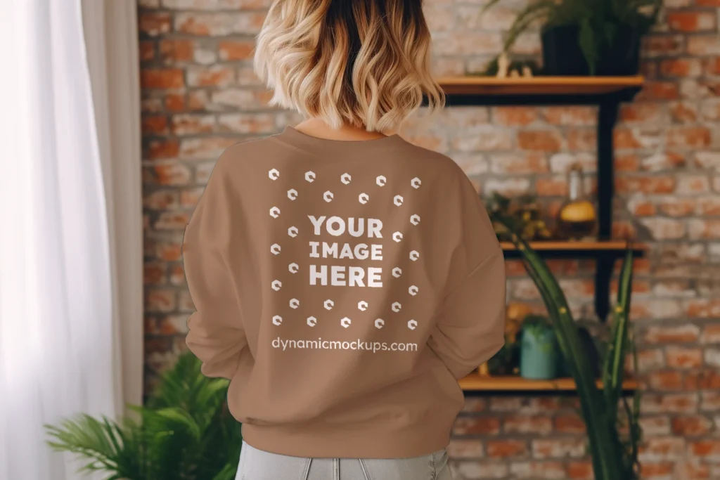 Woman Wearing Brown Sweatshirt Mockup Back View Template