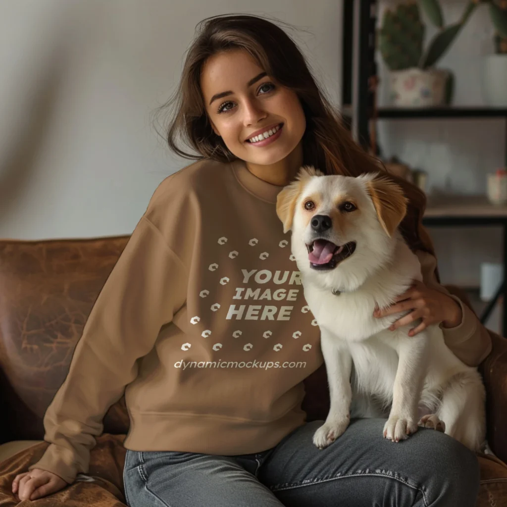 Woman Wearing Brown Sweatshirt Mockup Front View Template