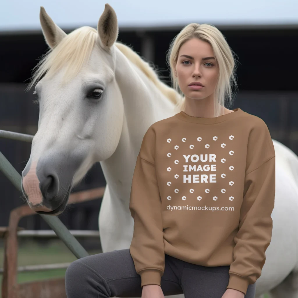 Woman Wearing Brown Sweatshirt Mockup Front View Template