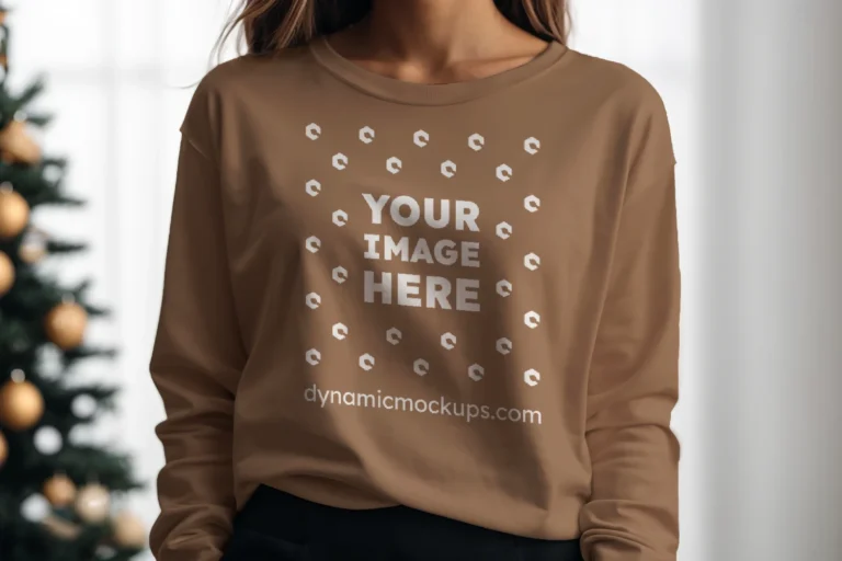 Woman Wearing Brown Sweatshirt Mockup Front View Template