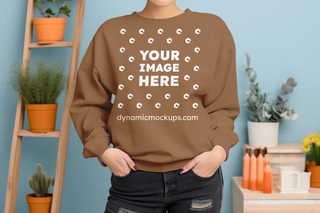 Woman Wearing Brown Sweatshirt Mockup Front View Template