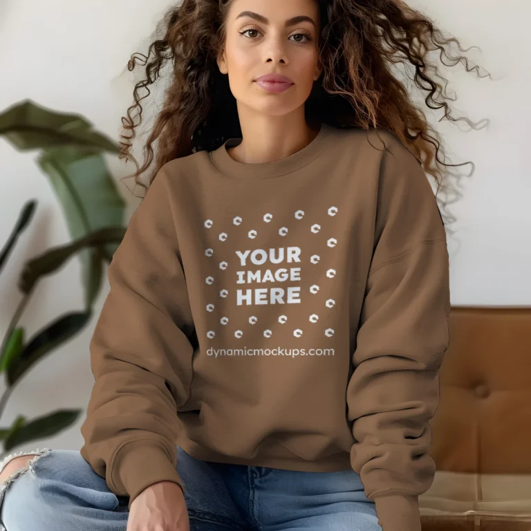 Woman Wearing Brown Sweatshirt Mockup Front View Template