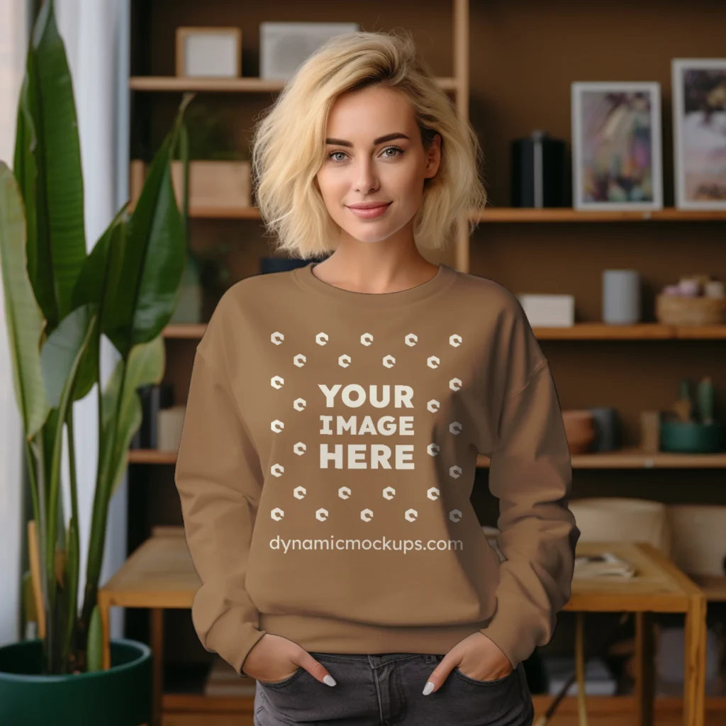 Woman Wearing Brown Sweatshirt Mockup Front View Template