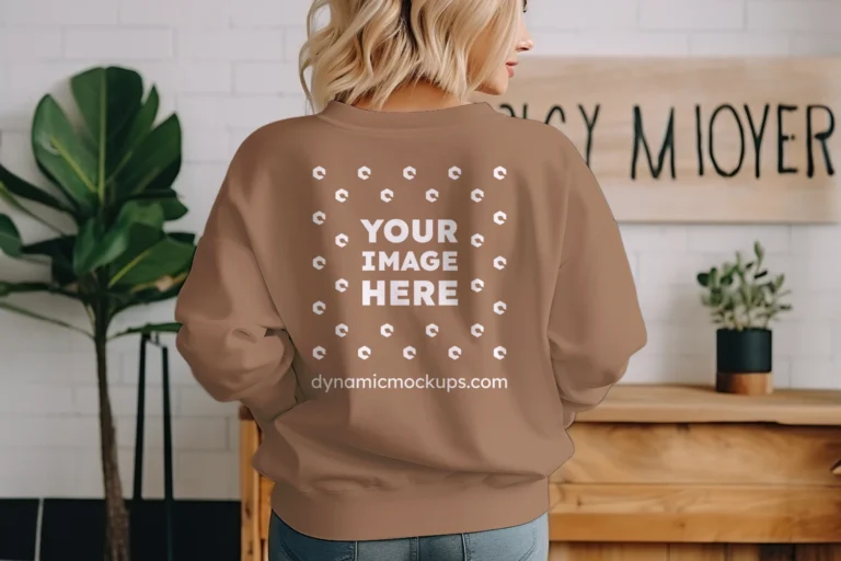 Woman Wearing Brown Sweatshirt Mockup Back View Template