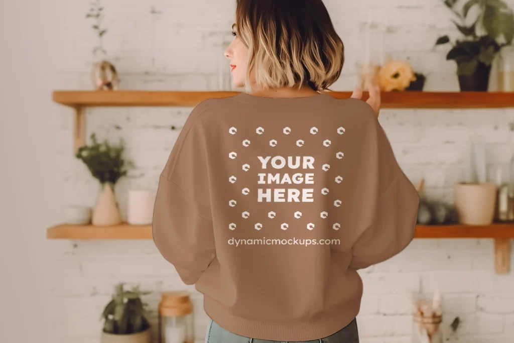 Woman Wearing Brown Sweatshirt Mockup Back View Template