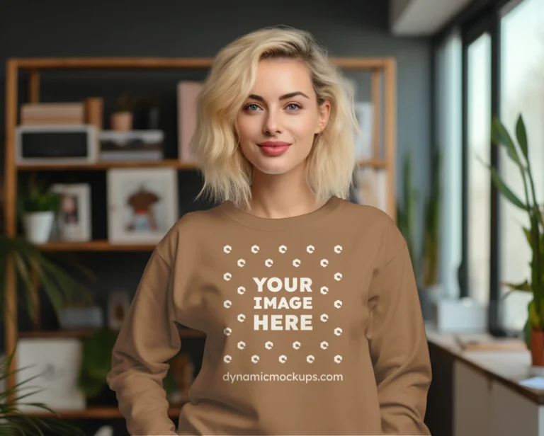 Woman Wearing Brown Sweatshirt Mockup Front View Template