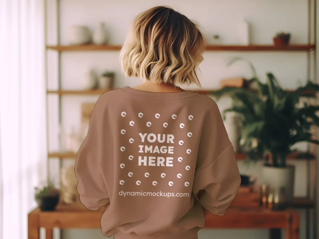 Woman Wearing Brown Sweatshirt Mockup Back View Template