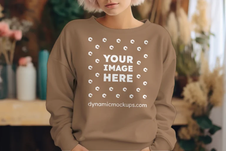 Woman Wearing Brown Sweatshirt Mockup Front View Template