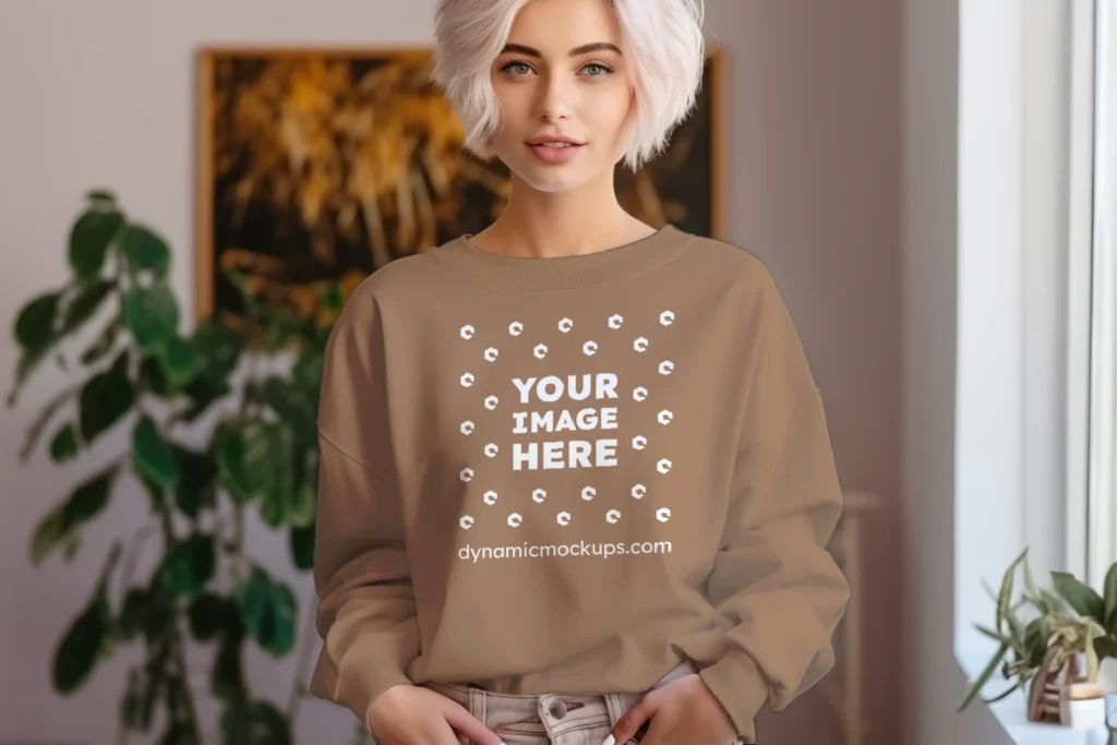 Woman Wearing Brown Sweatshirt Mockup Front View Template