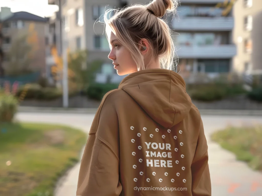 Woman Wearing Brown Hoodie Mockup Back View Template