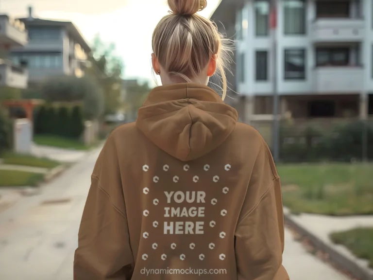 Woman Wearing Brown Hoodie Mockup Back View Template