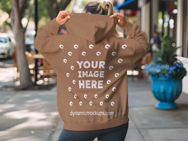 Woman Wearing Brown Hoodie Mockup Back View Template