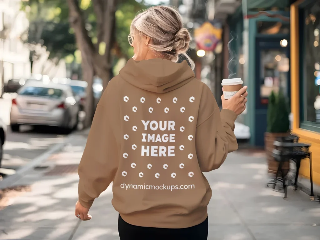 Woman Wearing Brown Hoodie Mockup Back View Template