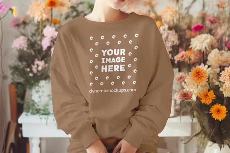 Woman Wearing Brown Sweatshirt Mockup Front View Template