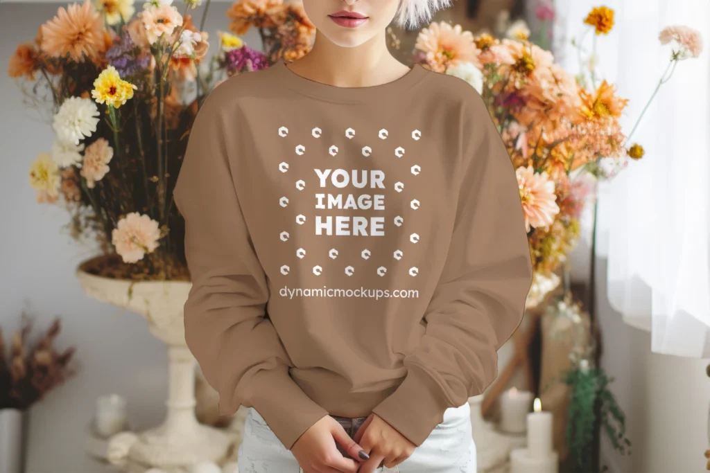 Woman Wearing Brown Sweatshirt Mockup Front View Template