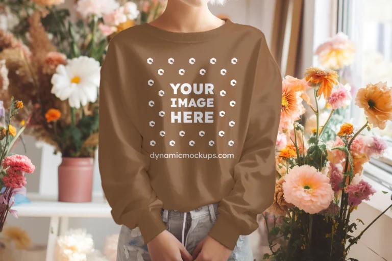 Woman Wearing Brown Sweatshirt Mockup Front View Template