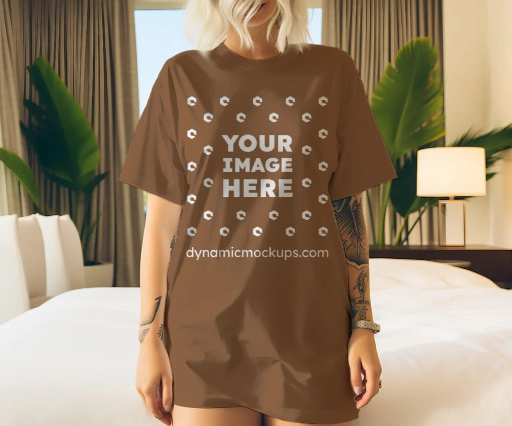 Woman Wearing Brown T-shirt Mockup Front View Template