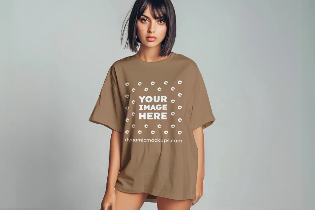 Woman Wearing Brown T-shirt Mockup Front View Template