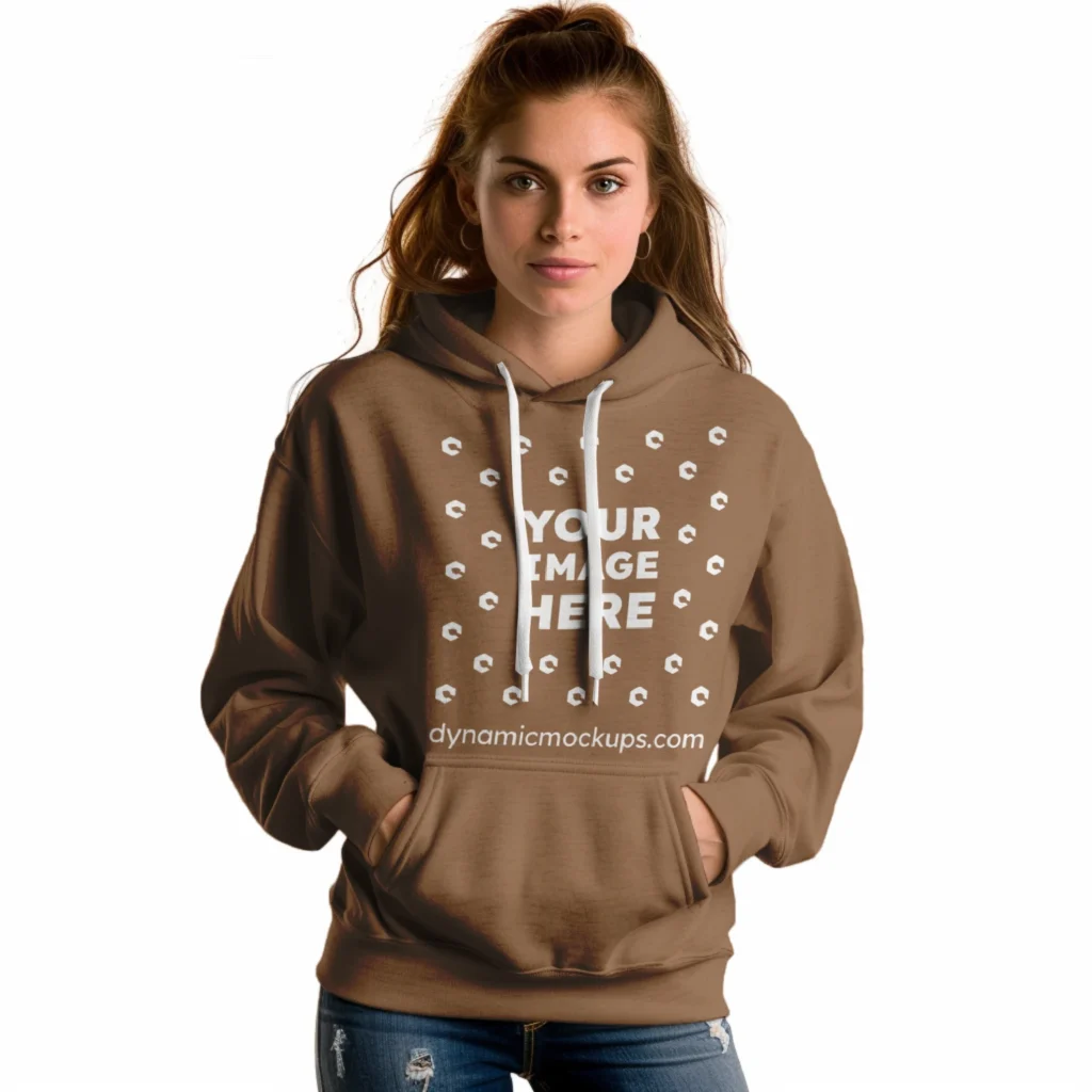 Woman Wearing Brown Hoodie Mockup Front View Template