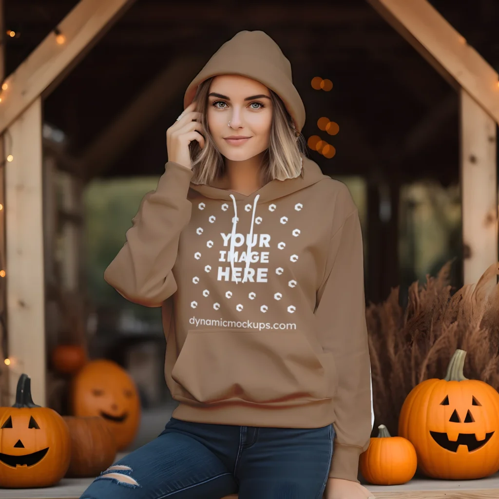 Woman Wearing Brown Hoodie Mockup Front View Template