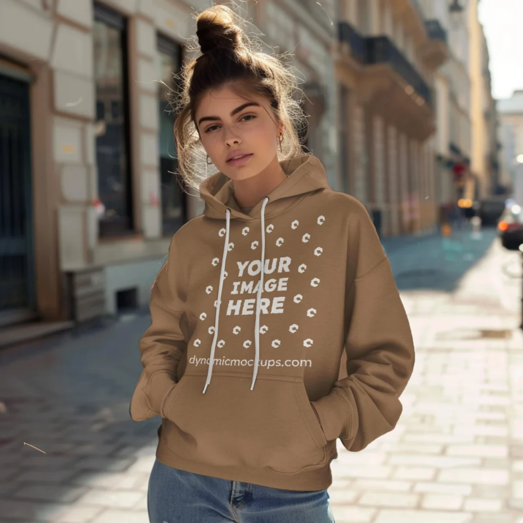 Woman Wearing Brown Hoodie Mockup Front View Template