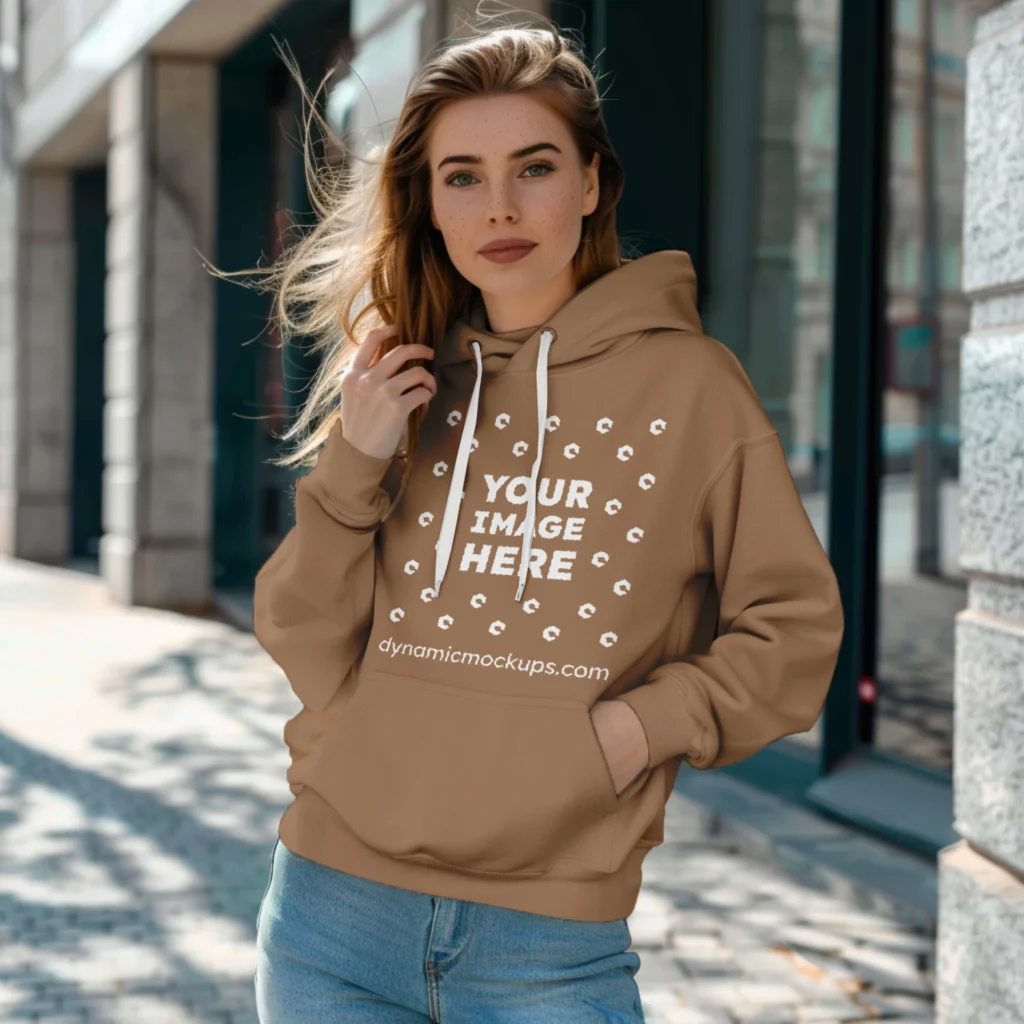 Woman Wearing Brown Hoodie Mockup Front View Template