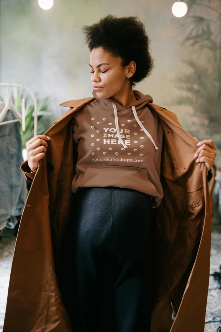 Woman Wearing Brown Hoodie Mockup Front View Template