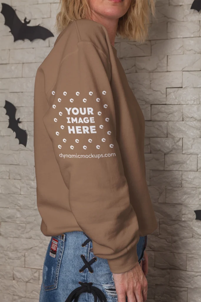 Woman Wearing Brown Hoodie Mockup Side View Template