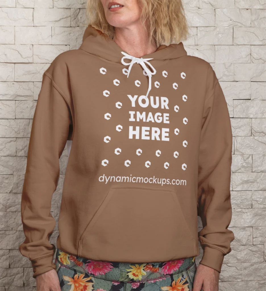 Woman Wearing Brown Hoodie Mockup Front View Template