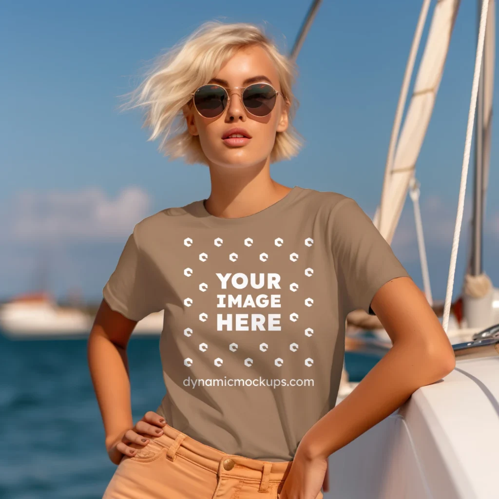 Woman Wearing Brown T-shirt Mockup Front View Template