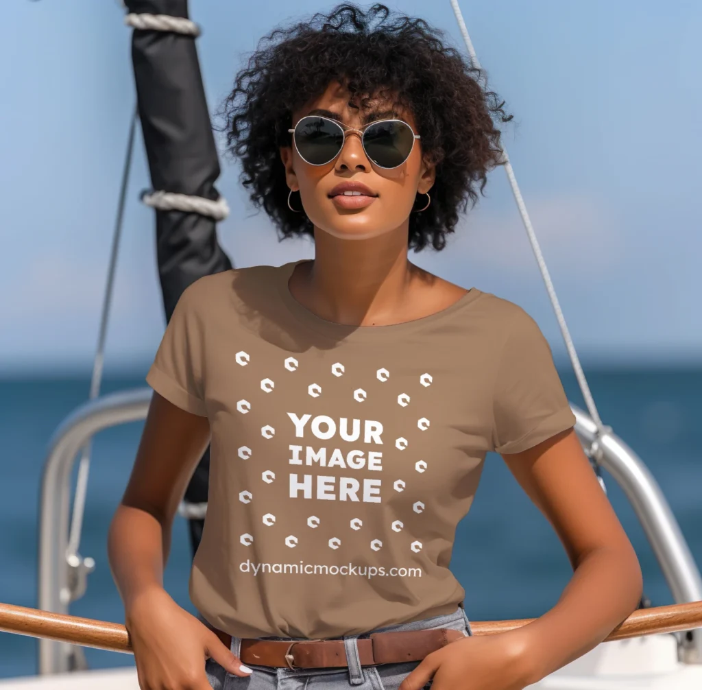 Woman Wearing Brown T-shirt Mockup Front View Template