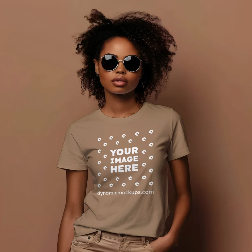 Woman Wearing Brown T-shirt Mockup Front View Template