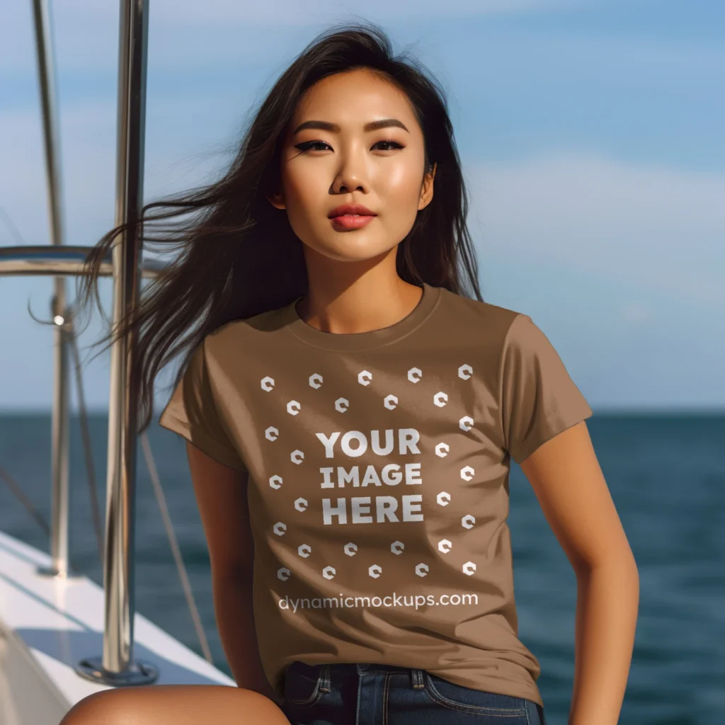 Woman Wearing Brown T-shirt Mockup Front View Template