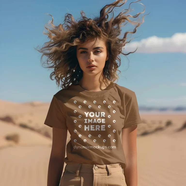 Woman Wearing Brown T-shirt Mockup Front View Template