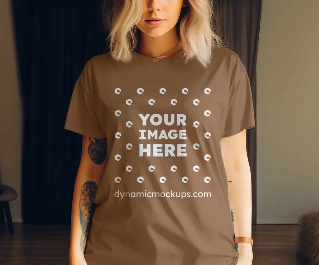 Woman Wearing Brown T-shirt Mockup Front View Template