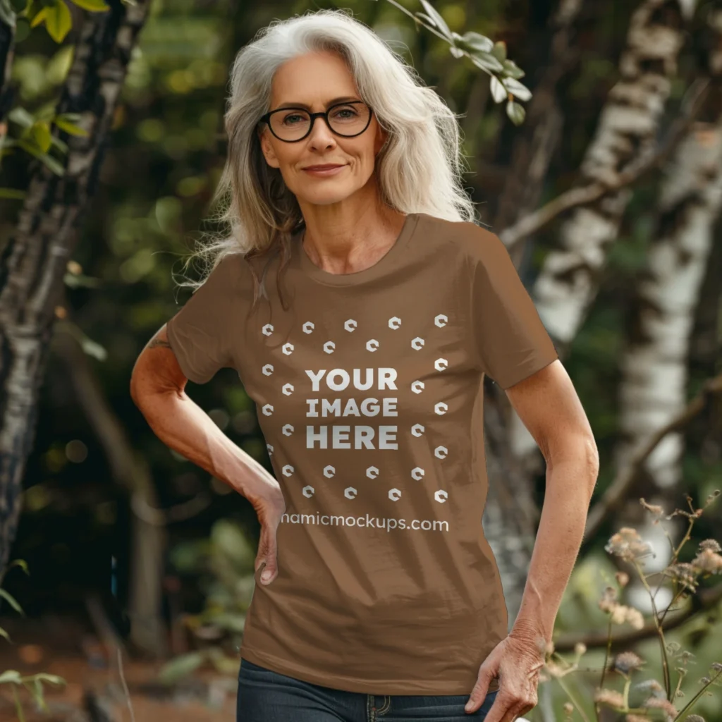 Woman Wearing Brown T-shirt Mockup Front View Template