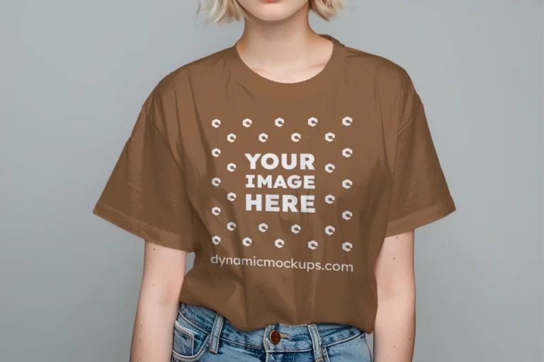 Woman Wearing Brown T-shirt Mockup Front View Template