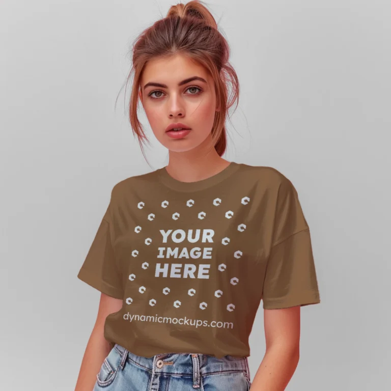 Woman Wearing Brown T-shirt Mockup Front View Template